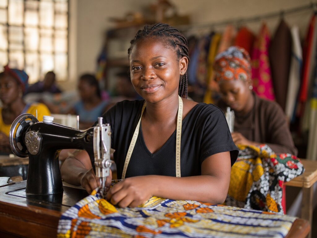 A Nigerian woman learning tailoring in a vocational workshop