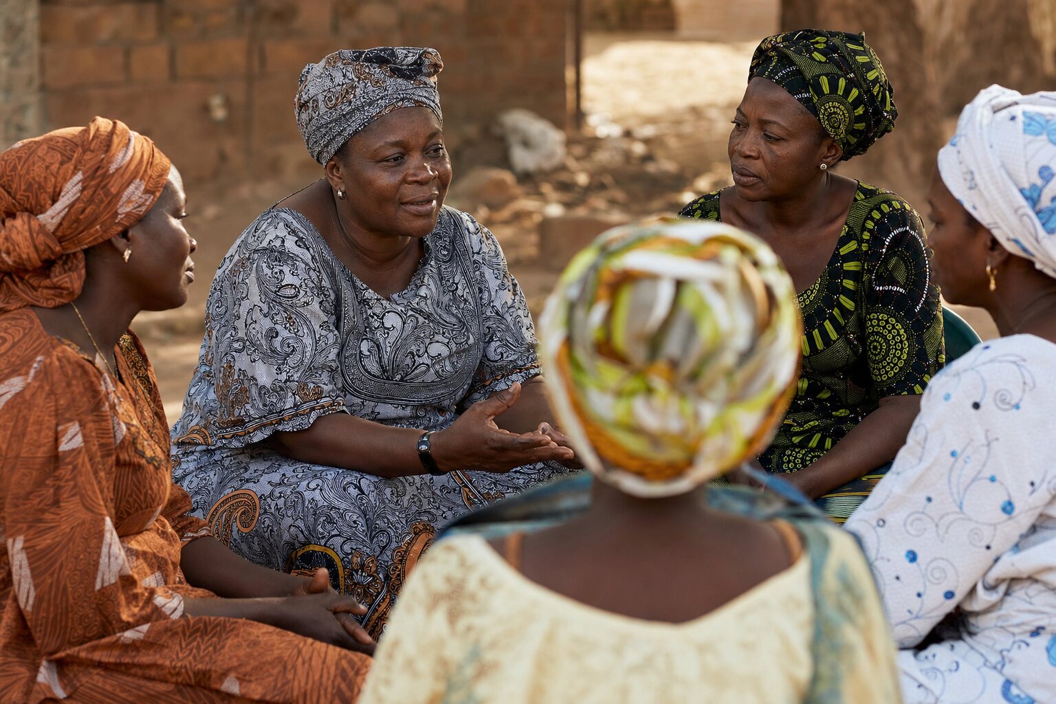 Nigerian women supporting one another in a community circle